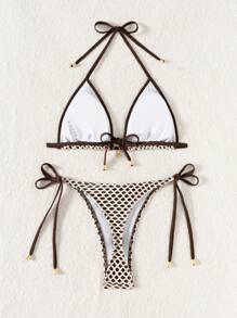 SHEIN Swim 2 Pieces Women Summer Mesh Tie-Up Crop Top And Cheeky Bottoms Sexy Beachwear Bikini Set - Multicolor - View 2