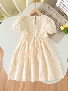 Tween Girl Elegant Round Neck Ruffled Short Sleeve High Waist Loose Solid Color Lace Hem Midi Dress - Beige - View 2