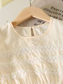 Tween Girl Elegant Round Neck Ruffled Short Sleeve High Waist Loose Solid Color Lace Hem Midi Dress - Beige - View 5