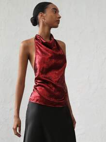 SHEIN Privé Áo cánh dự tiệc thanh lịch cho nữ, cổ tròn không tay thiết kế vai bất đối xứng, áo sơ mi thường ngày ánh kim - Đỏ - Xem 5