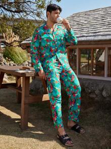 Manfinity ChillVibe Men's Front Button Long Sleeve Printed Minimalist Top & Pants Pajama Set - Mint Green - View 5