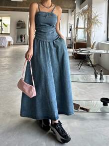 DAZY Conjunto de 2 piezas de top de tirantes y falda de mezclilla para mujer