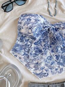 Soleia Blue & White Paisley Lace Camisole Top - Blue and White - View 3