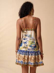 Travachic 女士度假风荷叶边下摆细肩带热带印花连衣裙