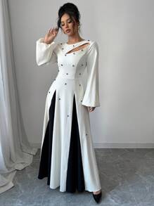 Modelyn 女士优雅双色拼接泡泡珠镂空腰部 A 字形连衣裙长款女装 - 杏色 - 查看 7