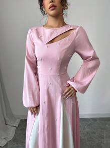 Modelyn Damen elegantes Zweifarbiges Ballonkleider mit durchbrochenem Gürtel A-Linie Maxikleid Damen Outfit