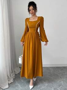 Modelyn Women's Yellow Woven Square Collar Ruffle Tie-Waist Button Front Dress - Yellow - View 3