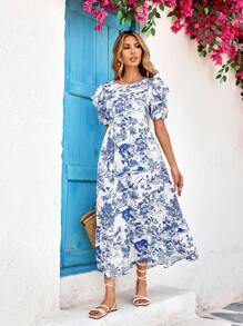 Vivid Eden Woven Print Short Sleeve Fitted Women's Mid-Calf Dress,Pastel Dresses For Women,Vacation Style - Blue and White - View 3