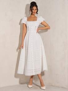 SHEIN BAE Damen vielseitiges elegantes weißes A-Linien Kleid mit quadratischem Kragen und Rüschensaum - Weiss - Übersicht 4