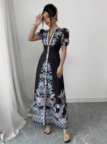 Elenzga Women's 2025 New Elegant & Sexy Deep V-Neck Fitted Long Dress - Black - View 7