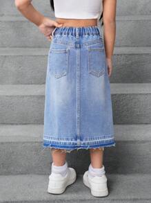 SHEIN 年轻女孩蓝色不对称牛仔裙 - 淺色水洗藍 - 查看 2