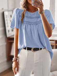SHEIN Holidaya Women Contrast Lace Round Neck Short Puff Sleeve Shirt - Blue - View 6