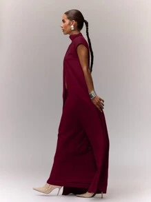 MUSERA High Neck Longline Split Front Top Vacation Fall Autumn Spring Summer Holiday - Burgundy - View 3