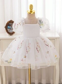 SHEIN Glamorique Kids 女童白色网眼花叶刺绣蓬松连衣裙，适合花童、复活节、生日派对、婚礼、节日、舞台表演、拍照，四季舒适 - 白色 - 查看 1