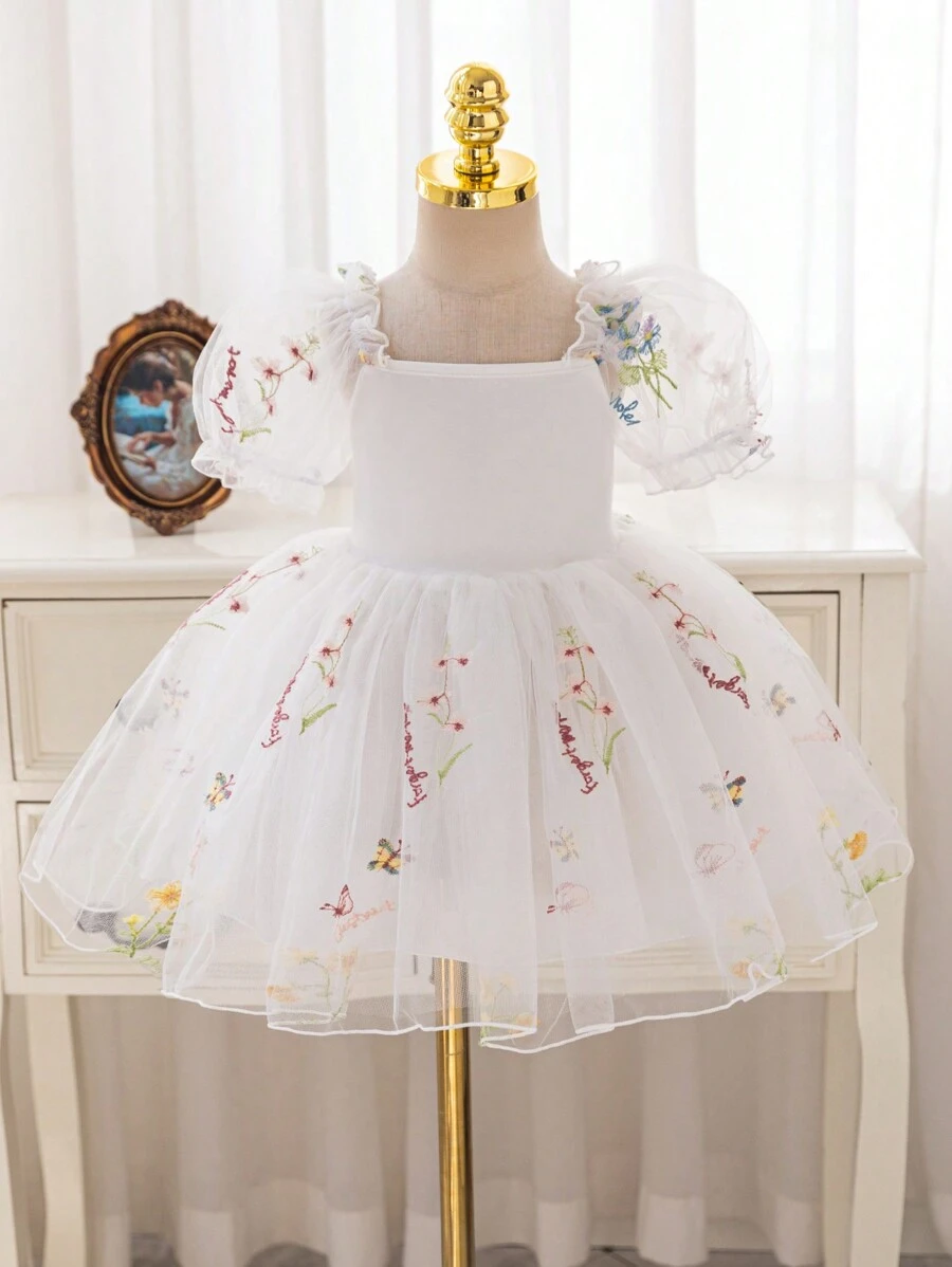SHEIN Glamorique Kids 女童白色网眼花叶刺绣蓬松连衣裙，适合花童、复活节、生日派对、婚礼、节日、舞台表演、拍照，四季舒适 - 白色 - 查看 1
