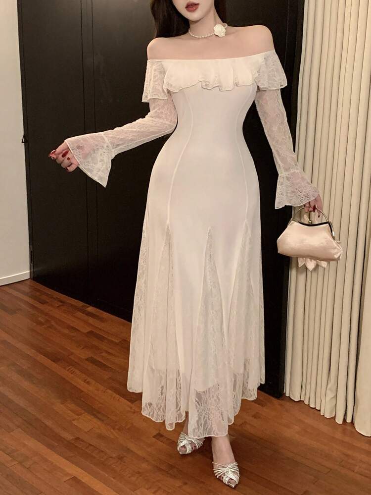 Elegant Women's Off Shoulder Long Sleeve Lace Patchwork Dress Elegant,Ruffle Maxi Dress