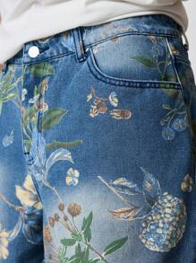 ROMWE MEN Street Life Men's Floral Print Pocket Ripped 7/8 Jeans Vacation