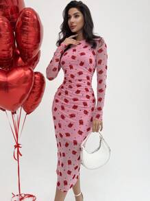 Firerie Vestido midi de manga larga de Body con recogido, de tela elástica con estampado floreado romántico y detalles elegantes, ideal para Navidad, Año Nuevo y Día de San Valentín, para otoño/invierno