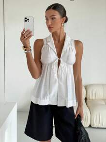 SHEIN Essnce 女士纯色系带前无袖褶皱休闲衬衫 - 白色 - 查看 8