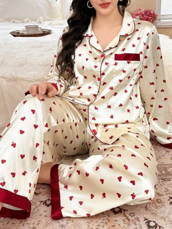 CottageSlumber Conjunto de pijama de camisa y pantalones de talla grande con estampado de corazón a color, de manga larga, con detalles cómodos y elegantes, ropa de otoño e invierno