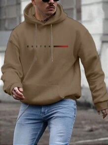 Manfinity Homme Loose Fit Men's Graphic Letter Print Hooded Sweatshirt With Drawstring - Khaki - View 1