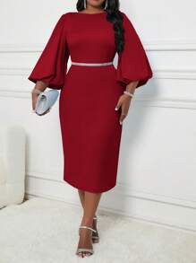 Fleurora Plus Size Solid Color Round Neck Elegant Long Sleeve Dress - Red - View 4