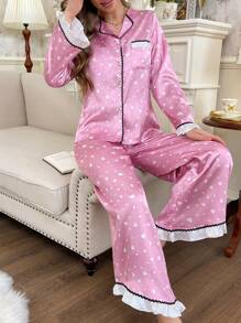 浪漫优雅心形图案撞色蕾丝花边女式睡衣套装 - 粉色 - 查看 5