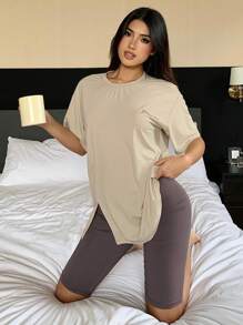 DAZY 2 件套女士字母印花宽松短袖上衣和修身短裤睡衣套装 - 杏色 - 查看 5