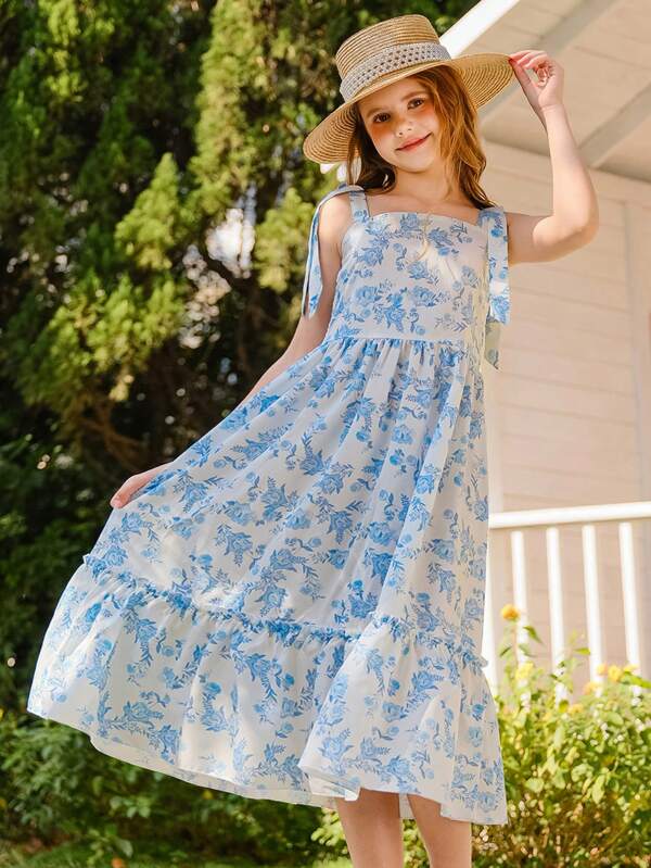 WESTFADE Young Tween Girls' Blue Ditsy Floral Spaghetti Strap Maxi Dress, Elegant Sweet Holiday Long Dressholiday,Summer,Travel,Getaway