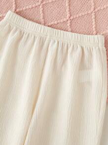 SHEIN Girls Pajamas 2pcs Set - Short Sleeve Top With Ruffle Decor & Long Pants, Minimalist Fashion Style For Young Girl - Apricot - View 7