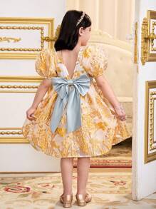 Young Girl 3D Floral Jacquard Puff Sleves Backless Big Bow Decor Elegant A-Line Dress, Cake Dress, Cute & Elegant & Sweet & Vintage & Fashionable. Mom And Daughter & Sisters Matching Style Matching, Matching Family Vacation, Holidays, National, Formal Attire, Suitable For Girls Daily Wear, Home Family Gatherings And Special Occasions, Sibling Outfits, Gorgeous Princess, For Birthdays, Party Wear, Spring/Summer. - Yellow - View 6