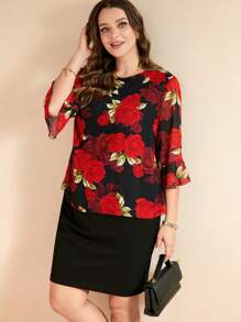 SHEIN Clasi طقم تنورة ولباس علوي شيفون مطبوعة بورود، أنيق للمقاسات الكبيرة، ربيعي/صيفي رومانسي - متعدد الألوان - مشاهدة 5