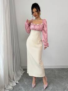 Modelyn Women's Mixed Fabric Jacquard Pink Floral Long Sleeve Bodycon Elegant Dress