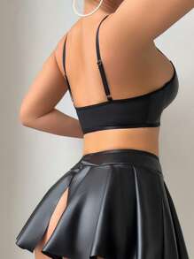 5pcs Set Sexy Punk Chain Decor PU Skirt Outfit With Stockings - Black - View 2