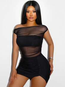 Sirith 2pcs Women Solid Color Mesh Crop Top And Mini Skirt Sexy Set