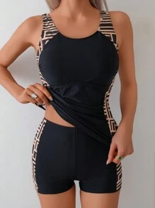 Swim Lushoire 2pcs/Set Women Summer New Tankini Khaki Random Geometric Print Sleeveless Ruched Midriff Modest Swimwear With Boyleg Shorts,Swimming, Surfing Beach Holiday Mature Sports Camisole Strap Tankini Set