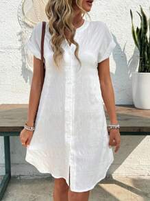 EMERY ROSE 女士休闲纯色前扣短款度假连衣裙 - 白色 - 查看 6