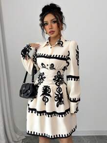 Elenzga Casual Long Sleeve Printed Waist Cinched Dress For Women Fall Cloth For Women - Apricot - View 5