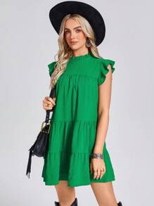 SHEIN LUNE Western Boho Women Short Dresses St Patrick Day Spring/Summer Layered Ruffle Trim Green Women Short Dress - Green - View 2