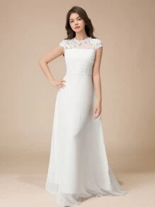 Đầm dài tay ngắn bằng satin bóng, phối ren, dành cho bé gái tuổi teen, thanh lịch và cao cấp, thích hợp làm phù dâu, dự đám cưới, tiệc sinh nhật hoặc biểu diễn. - trắng - Xem 6