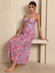 Swim Oasis 1pc Women's Swimsuit With Watercolor Ditsy Floral & Hollow-Out Bandage Design, One-Piece With A-Line Skirt Cover-Up, Spring/Summer Resort - Multicolor - View 6