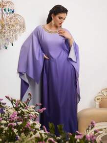 Al Najma Damen Langer Arabischer Freizeitkleid mit lila Farbverlauf und Juwelen-Rundhalsausschnitt, Langarm, Farbverlauf für Frühling und Valentinstag - Violett - Übersicht 4