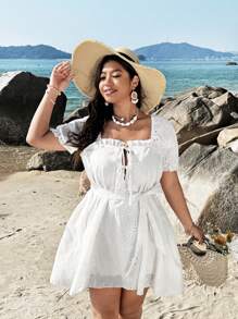 SHEIN Clasi 大码女式波西米亚风节日花卉刺绣短袖连衣裙，适合夏季