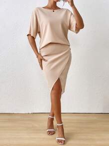 SHEIN Clasi 2pcs/Set Women Solid Color Short Sleeve Casual Top And Skirt - Apricot - View 3