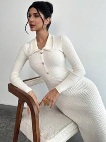 SHEIN Privé Women Plain Color Turndown Collar Fishtail Hem Long Sleeve Sweater Dress
