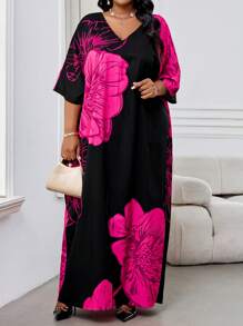 SHEIN Lady CURVE 春夏休闲优雅波西米亚风黑色编织V领直筒束腰连衣裙卡夫坦长款加大码连衣裙复活节连衣裙女士春季女装 - 玫紅色 - 查看 4