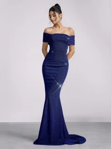 SHEIN Belle Elegant Navy Blue Open Shoulder Off Shoulder Long Sleeve Mermaid Hem Maxi Evening Dress, Bridesmaid Dress, Wedding Guest Dress Music Festival Spring/Summer, Party Dress, Formal Dress,Gown - Navy Blue - View 7