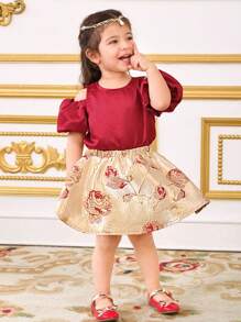 SHEIN 女婴优雅可爱泡泡袖缎面衬衫和锦缎中裙 2 件套 - 酒紅色 - 查看 3