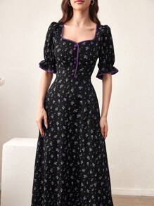 Mulvari Vestido casual corto con cuello de corazón, con botones delanteros y ribete de color contrastante para mujer
