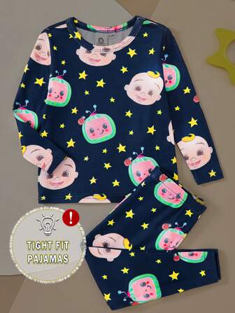 CoComelon X SHEIN Conjunto de pijama de manga larga de ajuste ceñido con estampado de sandía y estrellas en azul marino para bebé niño